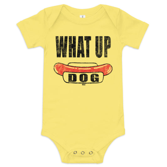 Baby What Up Dog Retro Extra Soft One Piece | Funny Barbecue Food Romper | Solid Threads