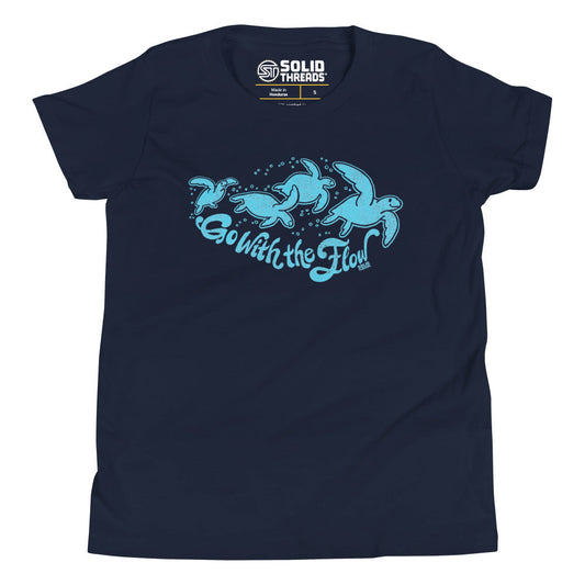 Youth Go With The Flow Retro Extra Soft T-Shirt | Cool Sea Turtle Kids Tee | Solid Threads