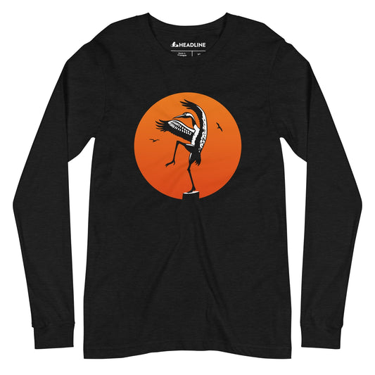 Crane Kick Designer Heron Graphic Long Sleeve Tee | Funny Karate Kick Beach Bird Tee | Solid Threads