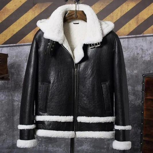 Men’s Aviator Removable Hood Black Leather White Shearling Jacket