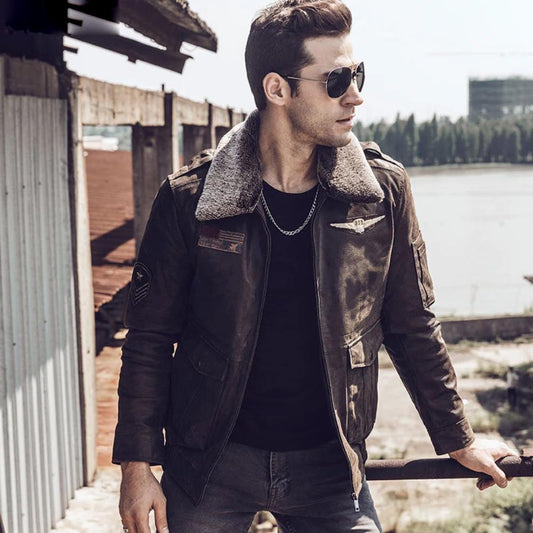 Mens Leather Aviator Bomber Jacket