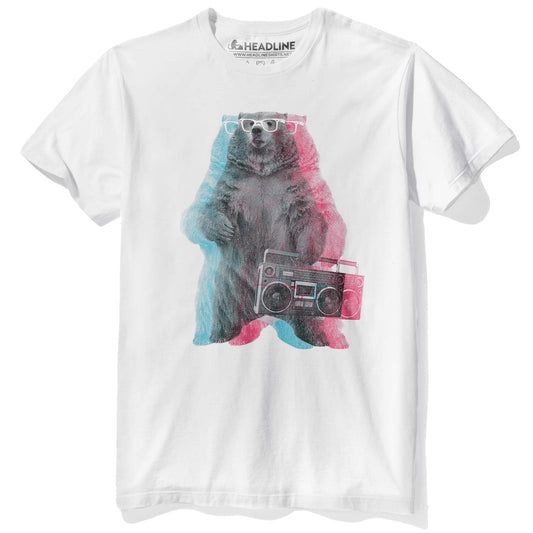 Men's Boombox Bear Vintage Graphic T-Shirt | Cool 3D Retro Tee | Solid Threads