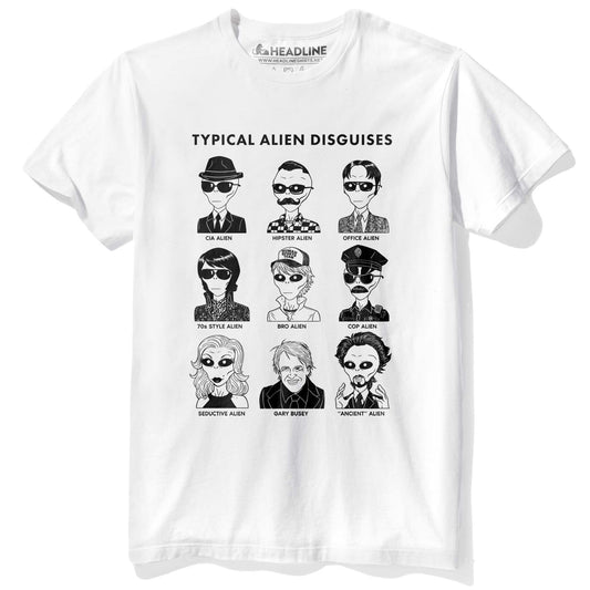 Men's Typical Alien Disguises Funny Sci Fi Graphic T-Shirt | Cool UFO Conspiracy Tee | Solid Threads