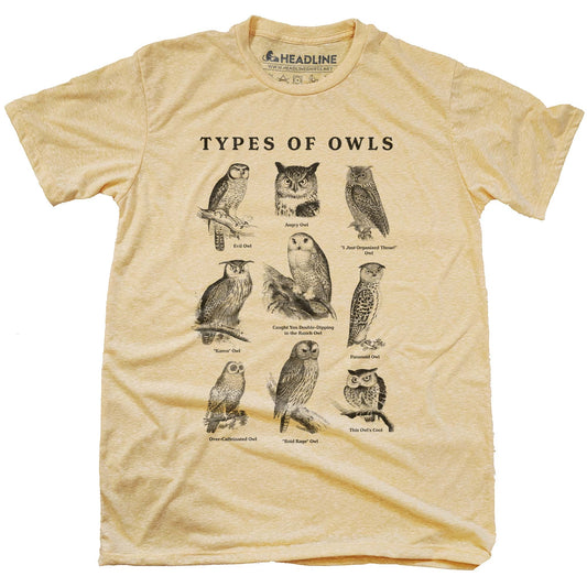 Men's Types Of Owls Funny Graphic T-Shirt | Vintage Birds Nature Tee | Solid Threads