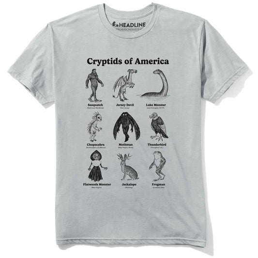 Men's Cryptids Of America Cool Graphic T-Shirt | Designer Bigfoot Chart Monsters Tee | Solid Threads