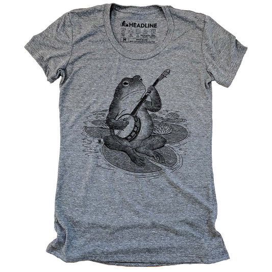 Women's Country Frog Designer Musician Graphic T-Shirt | Vintage Banjo Lilypad Tee | Solid Threads