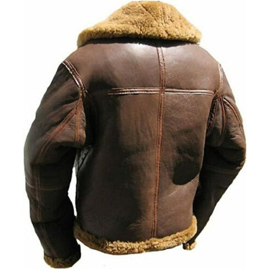 Mens B3 Brown Bomber RAF Aviator Shearling Fur Pilot Hooded Real Leather Winter Jacket Handmade Vintage Halloween Flying Leather Jacket
