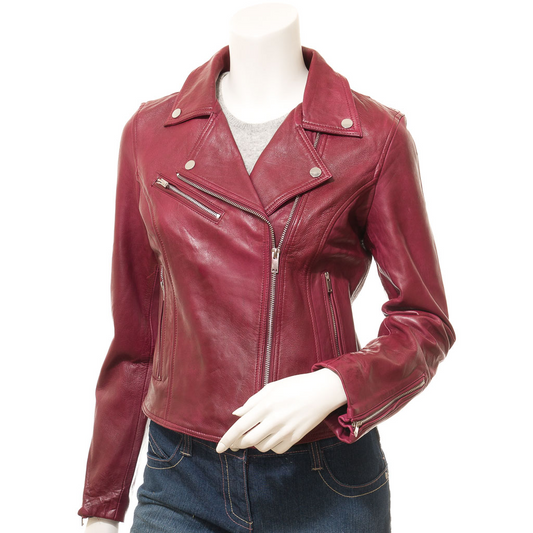 WOMEN'S BURGUNDY LEATHER BIKER JACKET: DAVIE