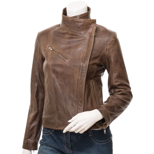 WOMEN'S BROWN LEATHER BIKER JACKET: ESTERO