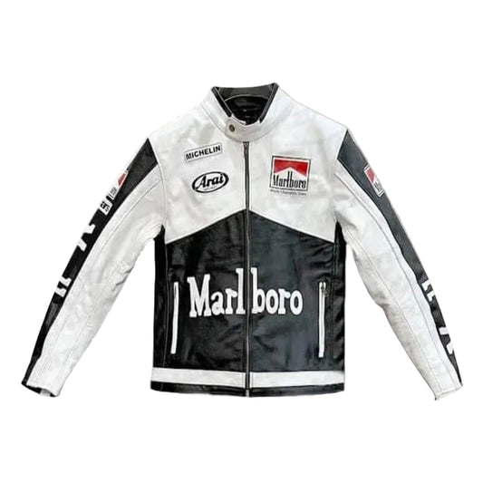 Marlboro White Vintage Retro Cafe Racer Jacket for Men