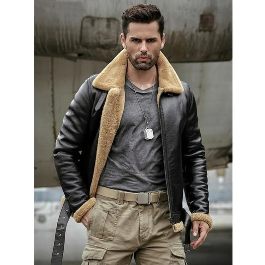 Mens Black B3 Bomber Shearling Fur Sheepskin Jacket Coat