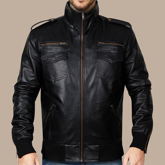 Mens Black Classic Pure Leather Bomber Jacket