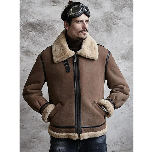 Mens Brown B3 Airforce Flight Sheepskin Shearling Leather Jacket Fur Coat