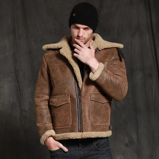 Men's Brown B3 Sheepskin Bomber Jacket Coat