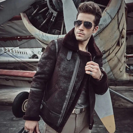 Mens Dark Brown B3 Aviator Pilot Flying Shearling Leather Jacket