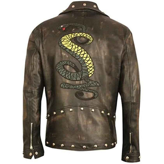 Mens Distressed Brown Embroidery Snakes Studded Leather Jacket