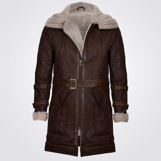 Men's Double Collar Long Brown Sheepskin Coat