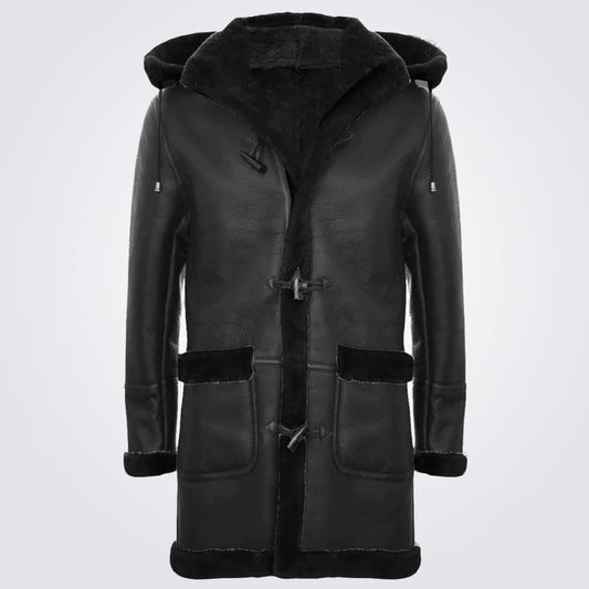 Men's Hooded Shearling Sheepskin Duffle Coat
