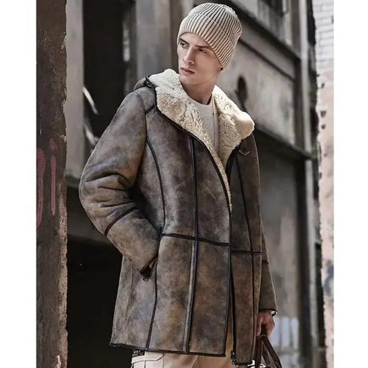 Men's RAF B7 Hooded Sheepskin Flying Fur Shearling Coat Aviator Jacket