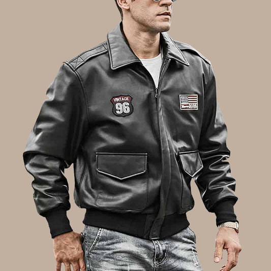 Men’s Black Bomber Leather Jacket Air Force Pilot Style