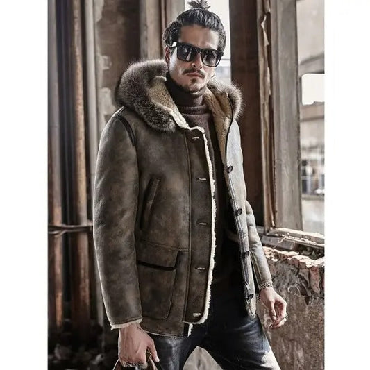 New Men's Hooded Shearling Sheepskin Coat With Raccoon Fur Collar
