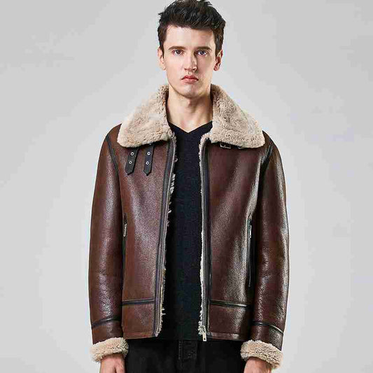 New Mens Shearling Sheepskin B3 Bomber Aviator Motorcycle Jacket