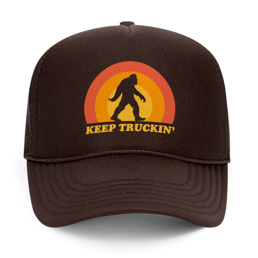 Keep Truckin' Cool USA Made Trucker Hat | Vintage Bigfoot Sasquatch Slogan Graphic Cap Front | Solid Threads