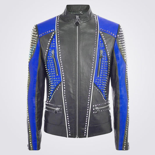Plein Two Tone Blue Black Leather Jacket for Men