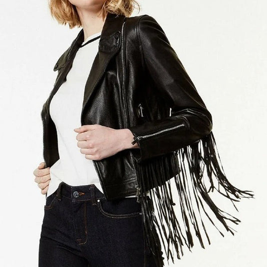 Premium Quality Lambskin Leather Fringe Biker Jacket for Women's