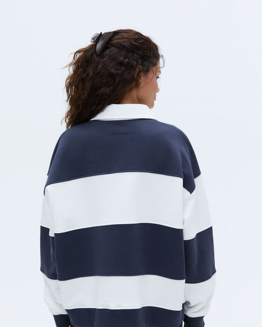 Stripe Oversized Henley Sweatshirt - Midnight Blue/Marshmallow White