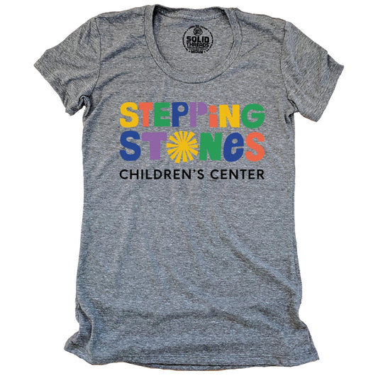Women's Stepping Stones Rainbow Sunburst Cool Graphic T-shirt | Artistic Vermont Children's Center Tee | Solid Threads