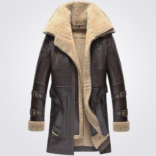 Vintage Shearling Sheepskin Leather Trench Coat For Men