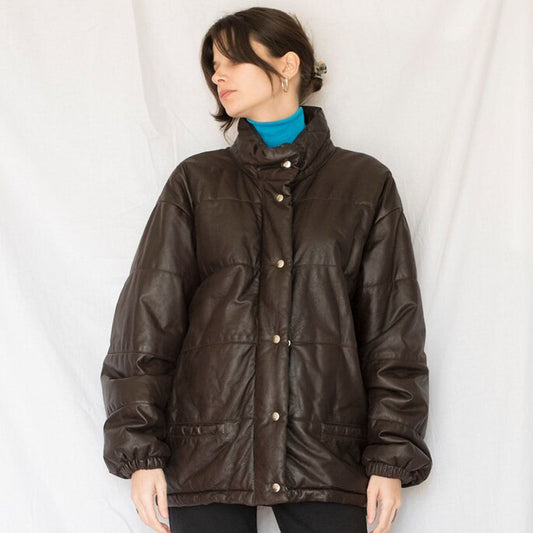 Womens Brown Leather Oversized Puffer Jacket