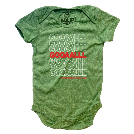 Baby Mexico Soccer Gooaalll Retro Graphic One Piece | Cool World Cup Football Romper | SOLID THREADS