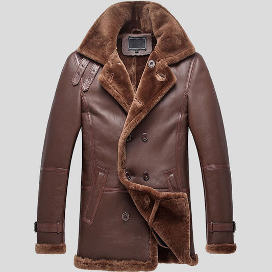 Men Brown Double Breasted Shearling Sheepskin Coat