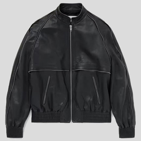 Embellished Leather Bomber Jacket