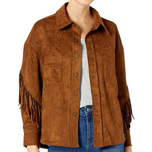 Women's Etta Button Front Collared Jacket with Fringe Sleeves