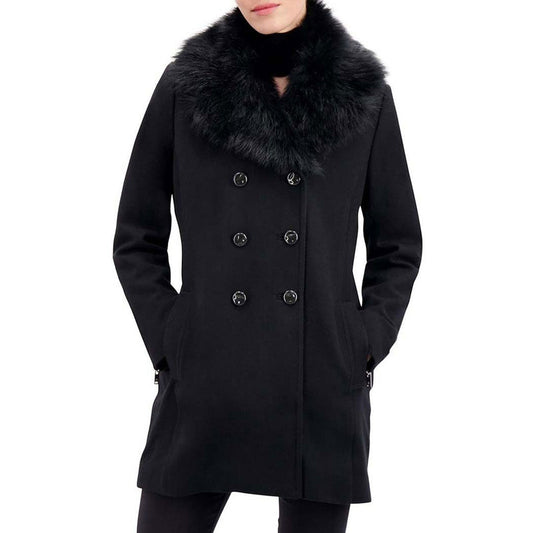 Womens Faux Fur Trim Wool Black Peacoat