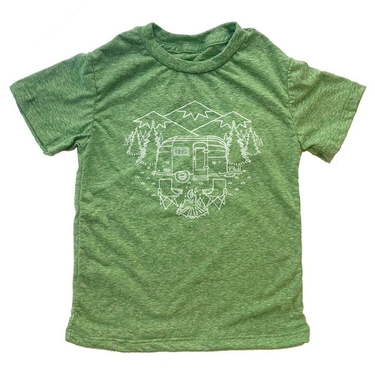 Kid's Camp Site Retro Outdoor Adventure Graphic Tee | Cute Airstream Camper T-shirt | Solid Threads