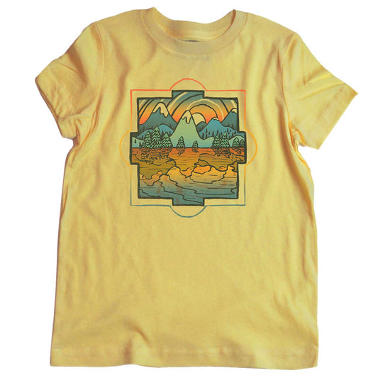 Kid's Reflections Retro Mountains Graphic Tee | Cute Colorful Lake T-Shirt for Youth | Solid Threads