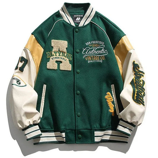 Letter Patch Leather Baseball Jacket - Varsity Style