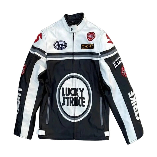 Lucky Strike Unisex White & Black Leather Jacket