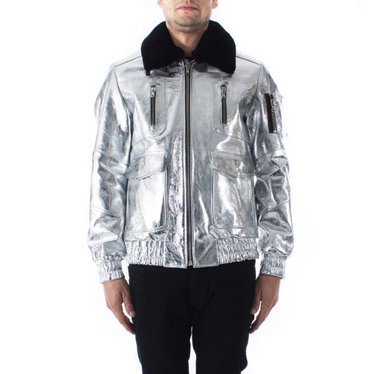 Men Aviator Bomber Genuine Leather Jacket Comfortable Fit Metallic Silver Sheepskin Fur Collar
