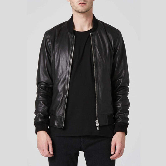 Men's Black Leather Bomber Jacket Double Zipper
