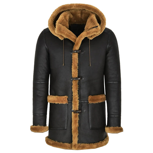Men’s Black Shearling Coat with Hood