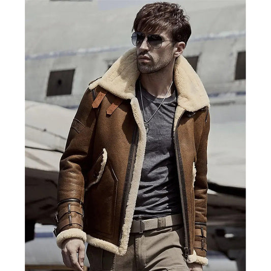 Mens Brown B3 B6 Sheepskin Shearling Bomber Jacket