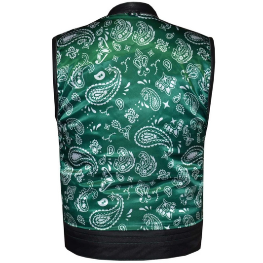 Men's Leather Motorcycle Club SOA Vest with Green Paisley Liner