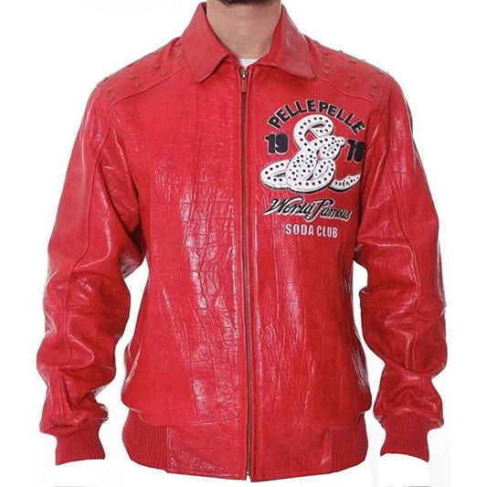 Men's Red Bomber Jacket - Soda Club Leather Jacket