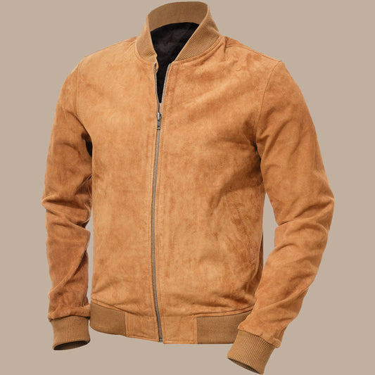 Mens Tan Suede Bomber Jacket