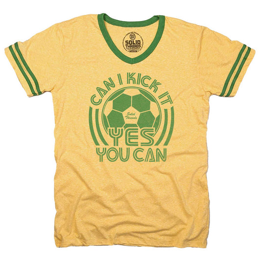 Men's Can I Kick It, Yes You Can Vintage Graphic V-Neck Tee | Funny Soccer T-shirt | Solid Threads